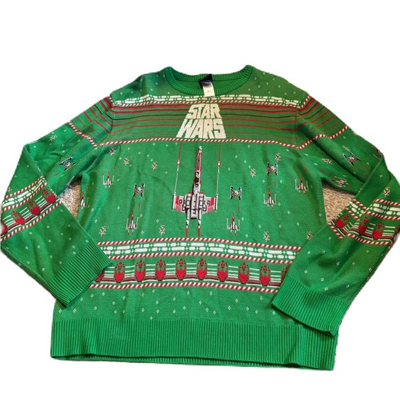 STAR WARS Ugly Christmas Sweater XL X-Wing Starfighter Holiday Green Disney - Picture 1 of 5